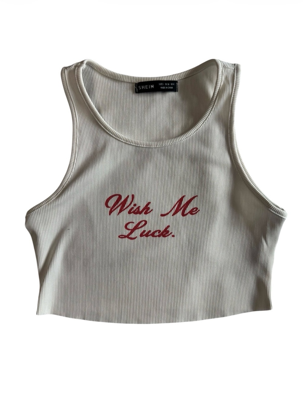 SHEIN White Ribbed Crop Tank with Red 'Wish Me Luck' Script